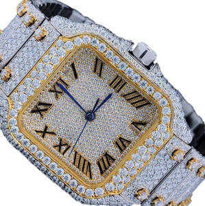 Montre mécanique de luxe antique en moissanite et diamant, acier inoxydable plaqué or jaune, 41 mm, chiffres romains, verre, charme - Product Image 2