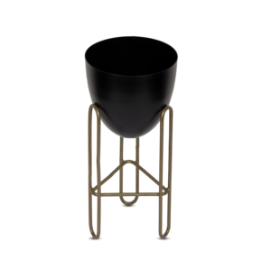 Maceta moderna de hierro metálico con soporte decorativo negro y dorado, perfecta para plantas de interior en habitaciones, entradas u oficinas modernas - Product Image 1
