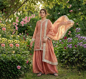 Conjunto de 3 Piezas Sharara Gharara con Bordado Indio, Traje Tradicional Étnico de Seda Fendy Reversible para Fiestas, Bodas y Festivales - Product Image 1
