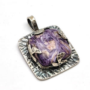 925 Sterling Silver Charoite 21x21mm Cushion Gemstone Designer Pendant 14.88 Gms Antique Look Unisex Pendant <b>Christmas</b> Gift - Product Image 1