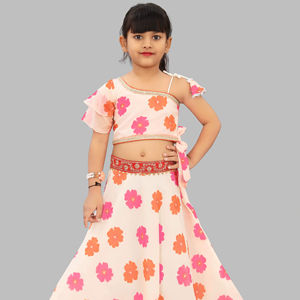 Shoryam - Lehenga Choli de Organza de Poliéster con Estampado Floral Rosa de Lujo para Niñas |   Vestido Étnico Largo de Diseño Contemporáneo para Fiesta - Product Image 1