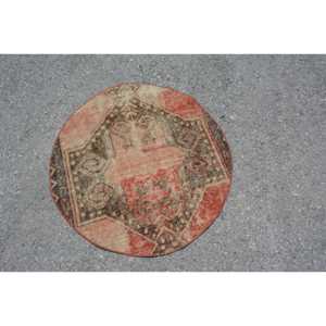 พรมวินเทจขนาด 2.9x2.9 ฟุต, พรมตุรกีทรงกลม, พรมลายดอกไม้สีแดง - Product Image 2