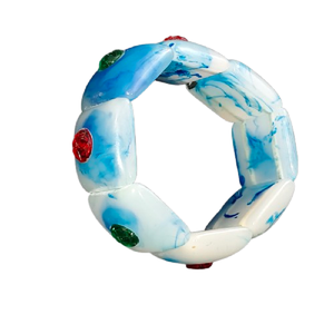 Bracelet manchette extensible en résine géométrique rétro avec texture marbre bleu, incrustation de strass et maillons en acrylique, bracelet coloré effet marbre - Product Image 3