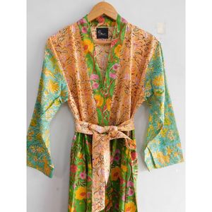 Robe Kimono de mariée en coton, multicolore, imprimé bloc à main, tenue de nuit - Product Image 3