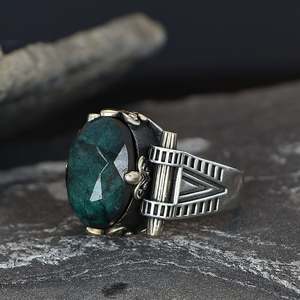 Azuris Custom Logo 925 Sterling Silver Ottoman Style <b>Men's</b> <b>Ring</b> Naturel <b>Black</b> Stone Handmade in Turkey VALKH1508 - Product Image 2