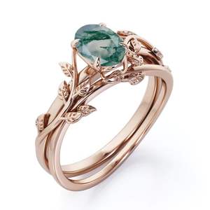 Anillo de Compromiso Personalizado con Grabado de Hoja y Enredadera, con Ágata de Musgo Ovalada de 1 Quilate y Moissanita en Oro Blanco - Product Image 4