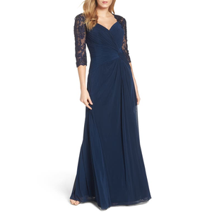 Abito da sera La Femme Navy taglia 10, modello a colonna, in chiffon, con drappeggio e vita impero, ideale per matrimoni e feste, lunghezza al pavimento - Product Image 4