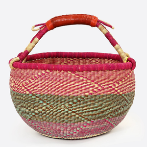 African Handmade Bolga <b>Basket</b> with Leather Wrapped Handle for Decorative Storage and Stylish Market Carry - Product Image 1