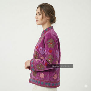 Vintage Ethnic Style Women's <b>Velvet</b> Knitted Cotton Varsity Jacket Hand Embroidered Floral Heart Pattern <b>Quilted</b> Eco-Friendly - Product Image 3
