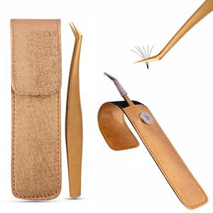 Pince à épiler d'extension de cils couleur or titane en acier inoxydable outil cosmétique de beauté professionnelle avec emballage de pochette - Product Image 1