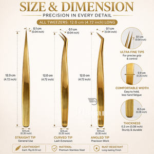 Juego de Pinzas para Pestañas Doradas, Pinzas de Precisión para Extensión de Pestañas, Rectas, Curvas y Anguladas, de Acero Inoxidable, Duraderas y Profesionales - Product Image 4