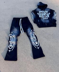 Ensemble de survêtement 2 pièces pour homme et femme, en coton uni, lavage à l'acide, pantalon de survêtement et sweat à capuche zippé unisexe - Product Image 3