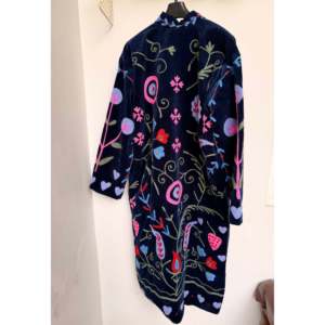 Blue Velvet Embroidered Long <b>Jacket</b> for Ladies <b>Quilted</b> Outerwear Floral <b>Pattern</b> Customizable Logo Sizes XL 5XL for Autumn Season - Product Image 3