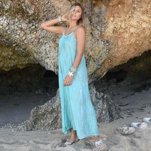 100% rayonne écologique lavable respirant femmes été plage porter Maxi robe bleu ciel décontracté col ample taille naturelle - Product Image 2