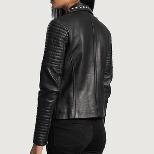 Women's Genuine Sheepskin Leather Biker Style Motorbike Jacket Winter Windproof Studded Notch Collar Black Breathable Motorcycle - Product Image 4