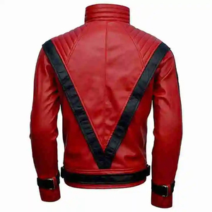 เสื้อแจ็คเก็ตหนัง PU สีแดงสำหรับผู้ชาย สไตล์นักขี่มอเตอร์ไซค์ คอตั้ง แขนปกติ ทรงเข้ารูป สำหรับฤดูใบไม้ร่วง สีพื้น ปิดด้วยกระดุม - Product Image 3