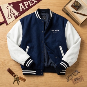 แจ็คเก็ตหนังสีขาวกรมท่าแบบสั่งทำพิเศษ แจ็คเก็ตบอมเบอร์วินเทจสไตล์ Letterman เสื้อผ้าสตรีทแวร์ ผู้ผลิต OEM ODM แบรนด์ส่วนตัว สหรัฐอเมริกา - Product Image 1