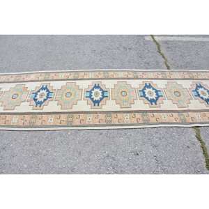 Vintage Turkish <b>Rug</b> Classic Beige <b>Blue</b> 3 X 10.2ft <b>Large</b> Area Wool Latex Backing Abstract for Teen Rectangle Hallway Design - Product Image 3