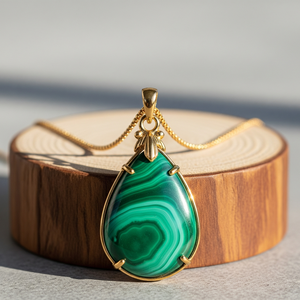 Vente en gros de chaîne délicate en argent sterling 925 pendentif en forme de goutte ronde en malachite naturelle de Bohème cristal de guérison en or 18 carats - Product Image 1