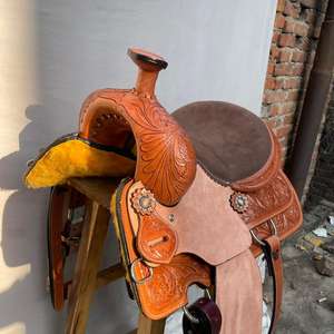 Ensemble de selle western en cuir de qualité supérieure avec décorations Barrel Roper Racing Artwork, en bois |   Ensemble de matériel équestre en acier inoxydable façonné à la main, sans clous - Product Image 3