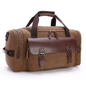 <b>Canvas</b> Duffel <b>Bag</b> Olive Green with Brown Leather Accents Zipper Closure Travel Weekender Durable Design - Product Image 2