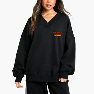 Sudaderas de algodón 100% para mujer con logotipo personalizado, sudadera de gran tamaño con hombros caídos y cuello en V para mujer con estampado frontal para invierno - Product Image 6