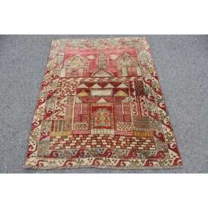 Alfombra turca vintage 3,7x4,8 pies rojo Beige lana hecha a mano Patchwork diseño abstracto látex de 10mm de espesor para adolescentes de entrada - Product Image 1