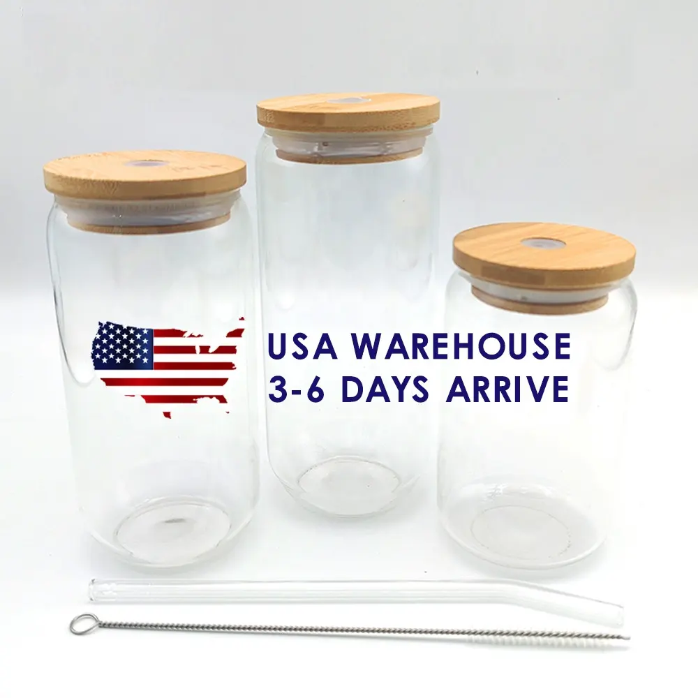 USA Warehouse Clear Frosted Blank 12 Oz 16oz 20oz Coke Beer Can Shaped Glass Cup with Bamboo Lid and Glass Straw