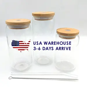 USA Warehouseクリアフロストブランク12オンス16オンス20オンスビール缶型ガラスカップ、竹蓋とガラスストロー付き