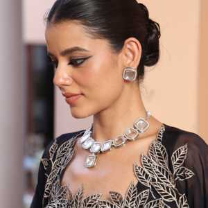 Luxury <b>Silver</b> Tone Kundan <b>Necklace</b> <b>Set</b> with Gold Plated <b>Earrings</b> Fine Copper Jewelry for Bridal or Gift Occasions - Product Image 4