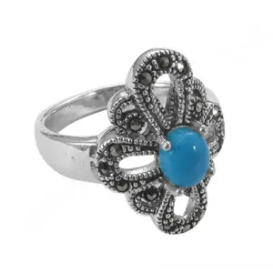 925 <b>Silver</b> Turquoise Marcasite Cluster <b>Ring</b> for Women <b>Statement</b> Fine Jewelry with Rhodium Plating Handset Setting - Product Image 2