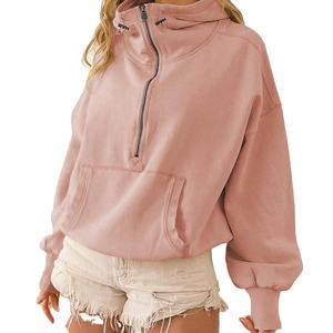 <b>Women's</b> 2025 Knitted <b>Long</b> Sleeve Casual Hooded <b>Sweatshirt</b> Solid Lightweight Breathable Pullover Front Pocket Loose Half Zipper - Product Image 4
