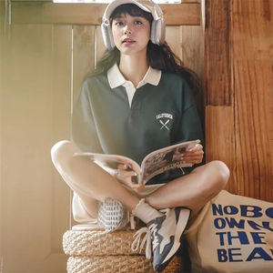 Maden Vintage revers collège à manches courtes polos pour femmes ample tricoté grande taille Golf Tee 2023 été décontracté coton T-shirt - Product Image 2