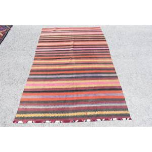 Classic Turkish Kilim Red Wool <b>Rug</b> 4.2 X 6.9 ft <b>Boho</b> Abstract Pattern 10mm Thickness Latex Backed for Living Room or Hallway - Product Image 1