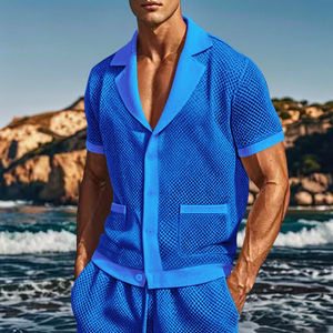 Conjunto de pantalones cortos de manga corta para hombre, novedad de verano al por mayor, con tejido con agujeros, cuello informal, conjunto de estilo fino para hombre de verano - Product Image 4