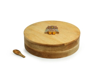 Boîte à épices artisanale motif hibou arc-en-ciel avec cuillère en bois de mangue et de sheesham 7 conteneurs conteneur à épices avec cuillère en bois - Product Image 2