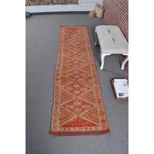 Turkish Vintage Rug, <b>Runner</b> 2.5x9.8 ft (77x300 cm) Rug, <b>Red</b> Check Wool Rug - Product Image 1