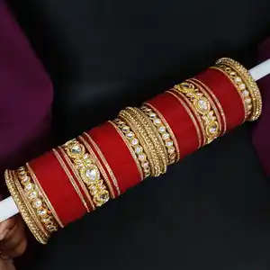 Set Gelang pengantin India kualitas tinggi untuk wanita gelang kristal Kundan Punjabi Chuda akrilik set gelang untuk pernikahan pengantin chura