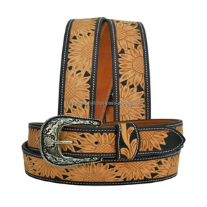 Cinturón de cuero genuino occidental con hebilla extraíble cinturón de cuero con relieve floral tallado a mano para unisex - Product Image 3