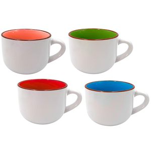 Set di 4 tazze in ceramica porcellana bianca con interni multicolori 450 ml tazze da colazione con manico - Product Image 1