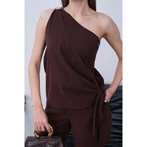 Conjunto de Dos Piezas Mybeefashion para Mujer: Top Tipo Chal de Mezcla Modal Cómodo y Pantalones con Cintura Elástica - Atuendo Casual Marrón para Adultos - Product Image 2