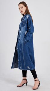 Femmes décontracté mode à manches longues Denim veste déchiré trous tourner revers col bouton manchette goutte épaule hiver Maxi Trench Coat - Product Image 4