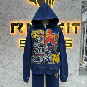 Sudadera con Capucha y Cremallera, Estilo Desgastado, con Pedrería, Lavado Ácido, para Hombre, Ropa Urbana de Forro Polar, Servicios OEM de Bajo Costo y Buen Material - Product Image 1