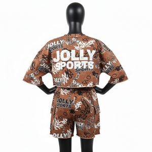 Conjunto de Top Corto y Pantalones Cortos de Felpa Francesa de Algodón Suave de Lujo para Mujer, Estampado Urbano Marrón, Logotipo Personalizado, 100% Algodón - Product Image 2