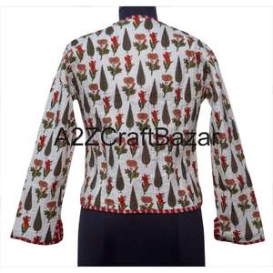 Veste courte matelassée réversible en coton biologique 100% fait main, col en V, respirante, vintage, éco-responsable, patchwork, numérique, pour femme - Product Image 5