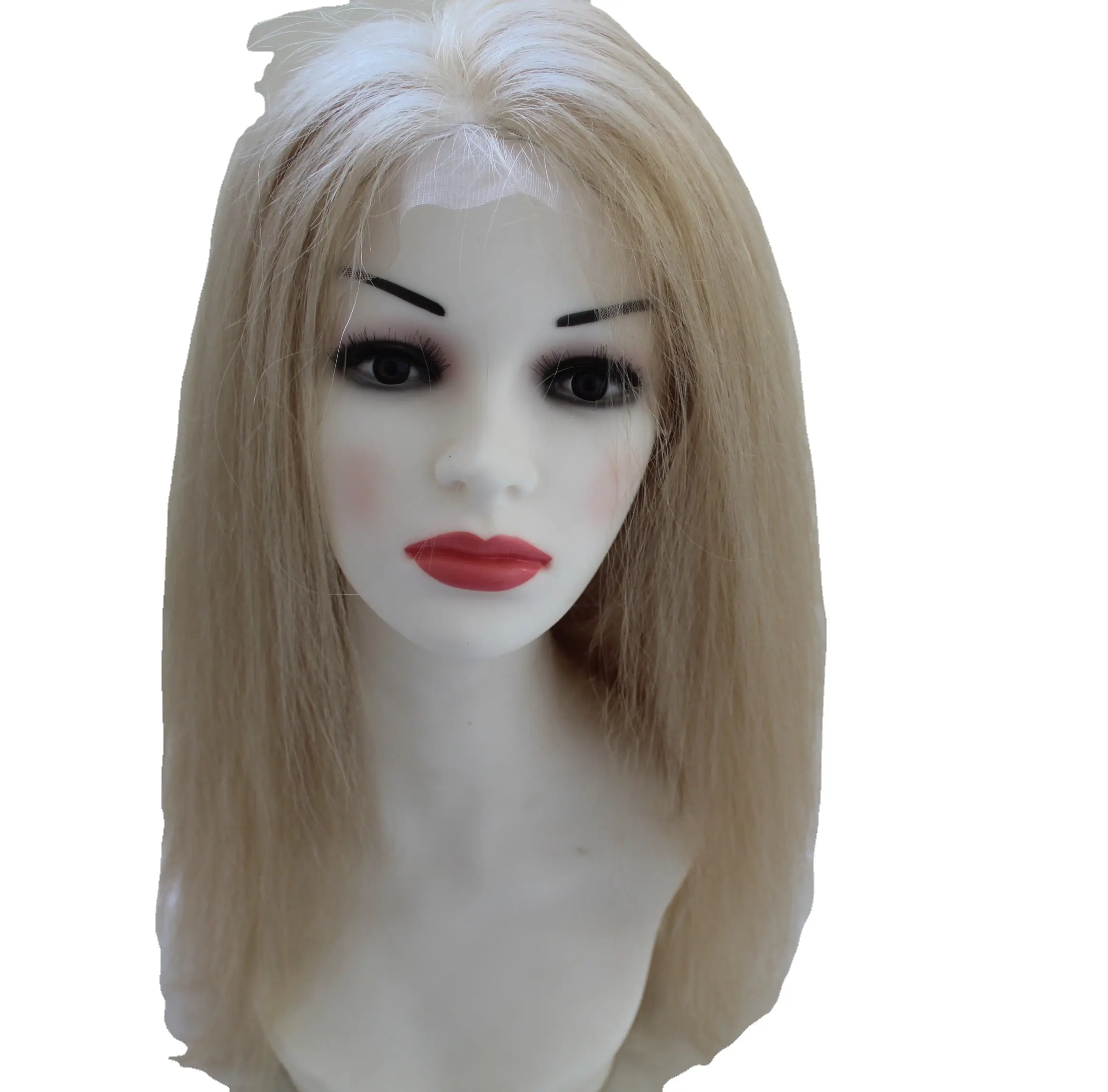 Peluca de cabello humano liso para mujer, pelo largo y liso, atado a mano, de fibra química, color rubio, 100%