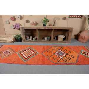 Alfombra turca Vintage naranja étnica 2,9X10,5 pies respaldo clásico de látex de lana de área grande para decoración para sala de estar patrón de retazos - Product Image 4