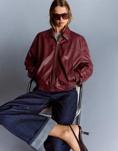 Blouson bomber en laine bordeaux pour femme, veste zippée oversize, style vintage, ourlet élastique, vêtement d'extérieur décontracté d'hiver, doublure en coton - Product Image 3