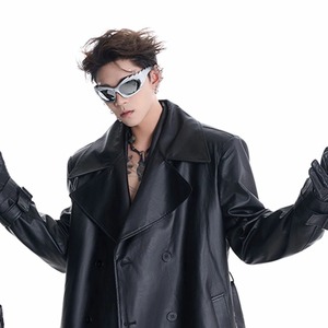 Trench-coat personnalisé à manches longues de couleur unie pour hommes de haute rue avec support niche épaulière silhouette en cuir véritable vêtements sombres dentelle - Product Image 4