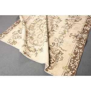 Vintage Turkish Area Rug 6.8x5.5 ft, <b>Brown</b> Green Solid <b>Wool</b> Rug - Product Image 4